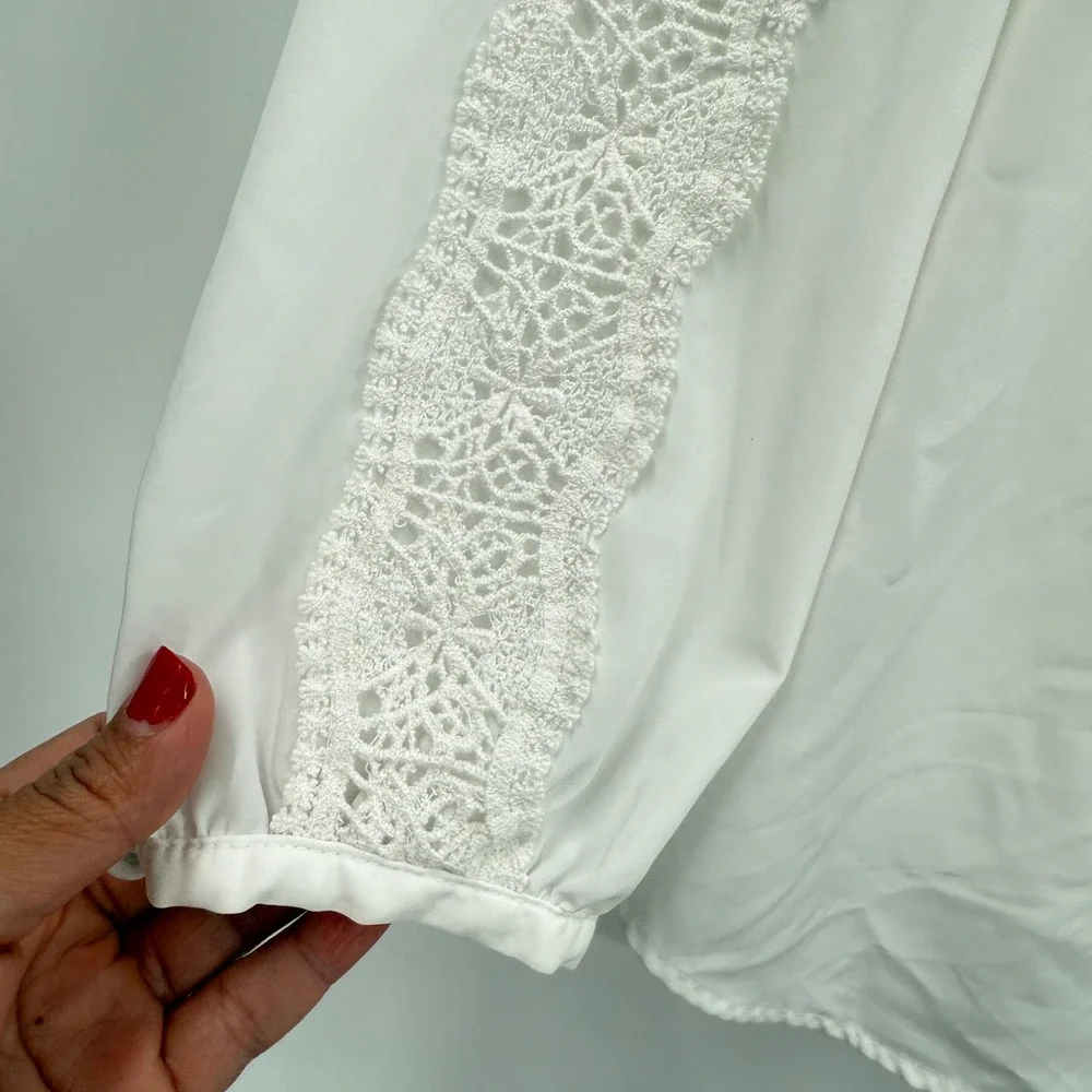 Charter Club White Blouse XL Long Sleeve Sheer Pleated‎ V Neck Lace Trim Women's